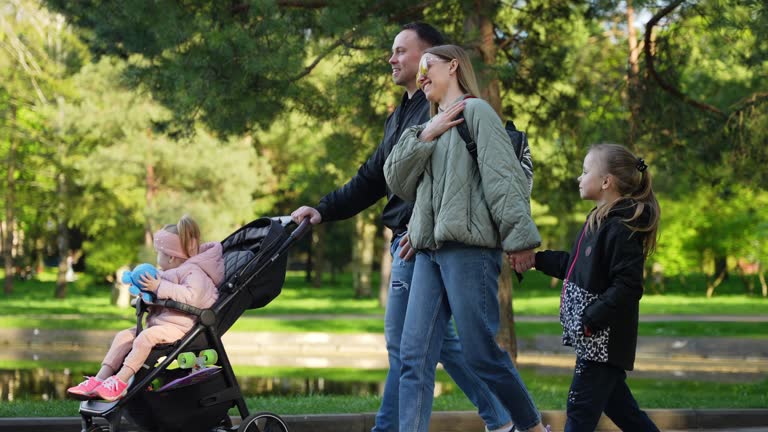 Family vacation with children in the spring park