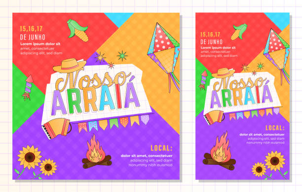 stockillustraties, clipart, cartoons en iconen met arraía festa junina social media post template square vertical - são joão