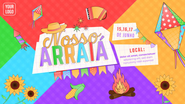 ilustrações, clipart, desenhos animados e ícones de festa junina balão fogueira milho chapéu sanfona bandeirinhas banner template - festa junina