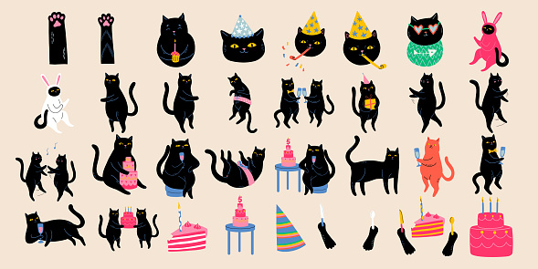 Happy Birthday Set with Black Cats. Cute celebrating kitten characters