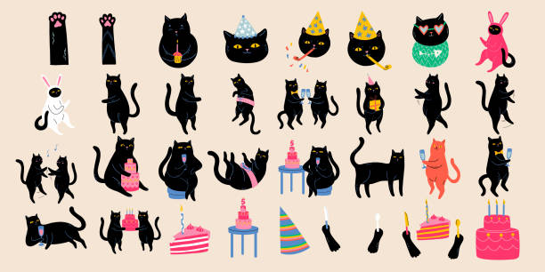 Happy Birthday Set with Black Cats. Cute celebrating kitten characters Happy Birthday Set with Black Cats. Cute celebrating kitten characters black cat costume stock illustrations