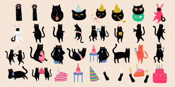 Vector illustration of Happy Birthday Set with Black Cats. Cute celebrating kitten characters
