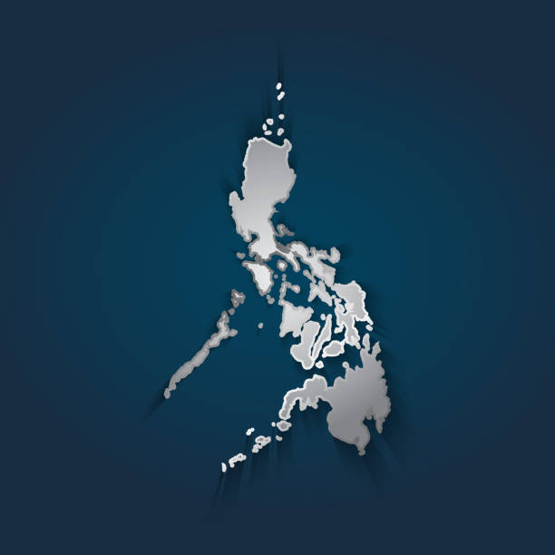 philippinenkarte metallisches silber mit chrom, glänzender farbverlauf auf dunkelblauem hintergrund. - manila philippines map philippines flag stock-grafiken, -clipart, -cartoons und -symbole