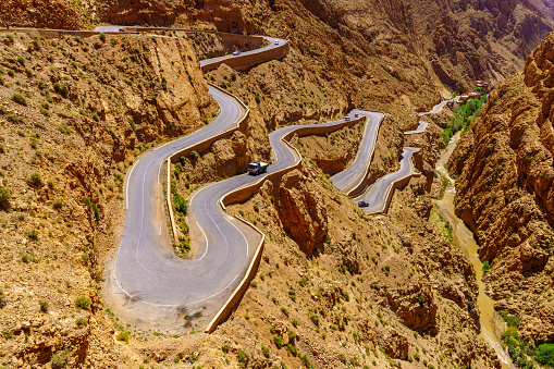 View of a winding road over a mountain pass, in the Dades Gorge, the High Atlas Mountains, Central Morocco