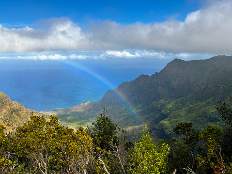 The scenic Waimea Canyon State Park, a popular attraction on the island of Kauai of Hawaii USA. Viewed from the Kakalau Lookout.