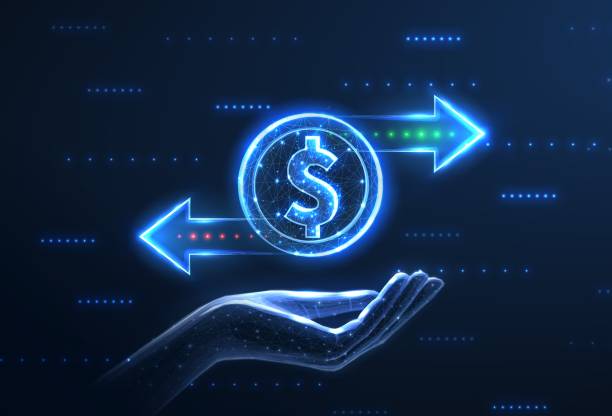 ilustrații de stoc cu monedă și două săgeți stânga dreapta pe mână. servicii financiare - salariu