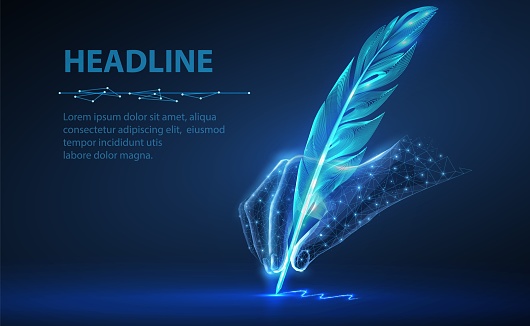 Feather in digital hand. Automatic text generator, AI writing, artificial intelligence copywriter, digital letter, A.I. storytelling, art technology, electronic signature concept