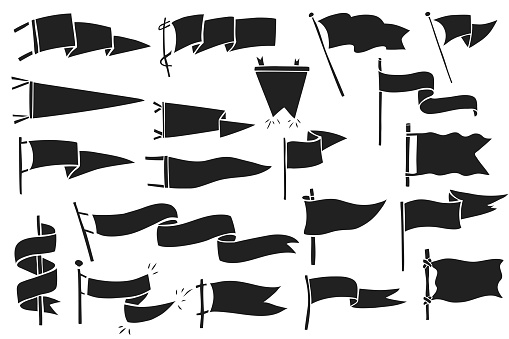 Hand drawn flags. Monochrome labels or wanderlust style pennants