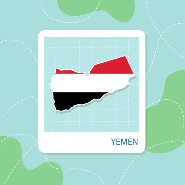 Vector illustration of Stickers of Yemen map with flag pattern in frame.