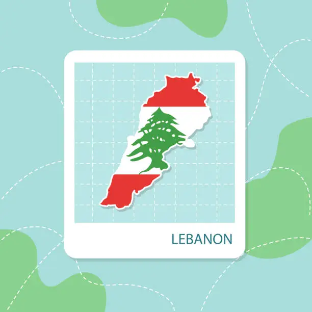 Vector illustration of Stickers of Lebanon map with flag pattern in frame.