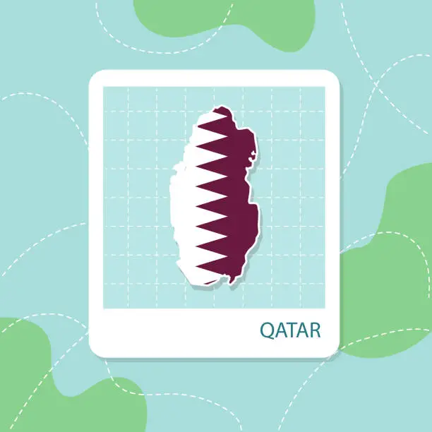 Vector illustration of Stickers of Qatar map with flag pattern in frame.