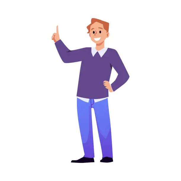 Vector illustration of Man with raised index finger, flat vector illustration isolated on white background. Orchestra conductor or teacher character. Happy person pointing with finger.
