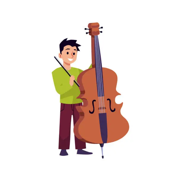 Vector illustration of Happy little boy playing cello music instrument, flat vector illustration isolated on white background. Child learning how to play violin. Music school student.