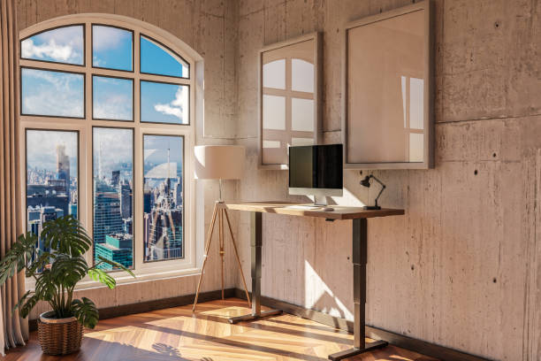 istock modern standing desk pc workplace in daylight downtown skyline office; home decoration desing and home office concept; 3D Illustration 1488621138