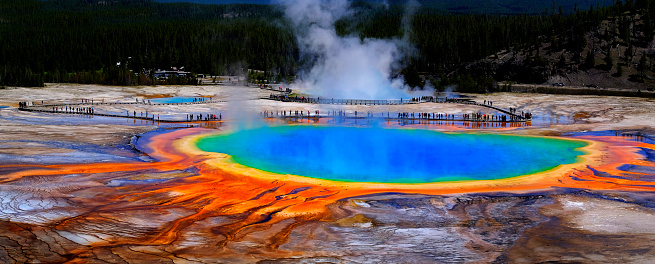 Grand Prismatice Spring in Yellowstone National Park with tourists viewing the spectacular natural scene