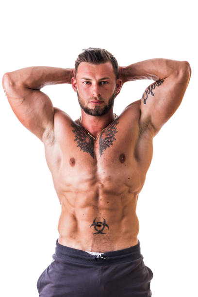 istock Attractive shirtless muscleman on white 1488625144