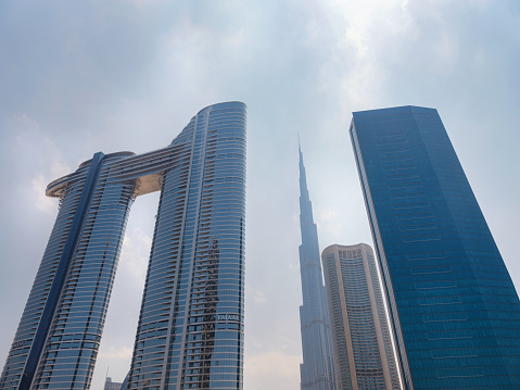 23 March 2023, Dubai, UAE: view on Burj Khalifa from city walk, it's tallest building in the world. Dubai Downtown cityscape. Dubai day skyline, tourist trip to futuristic dubai