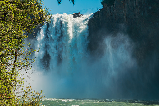 A view of Snoqualmie Falls from downriver in Washington State.