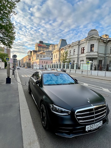 Moscow, Russia - May 08, 2023: Electric Mercedes charging on Moscow street