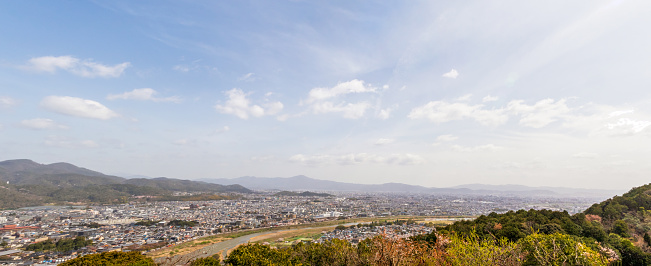 Aerial view of Kyoto, Japan from the trail to Arashiyama Monkey Park Iwatayama