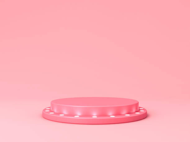 istock Blank pink podium pedestal with spotlight neon light bulbs or blank product display stage platform isolated on pink pastel color background with shadow minimal conceptual 3D rendering 1488628691