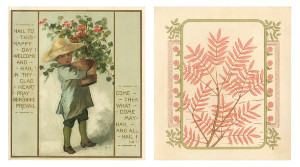A double-sided Victorian Christmas card from 1882 with a young boy carrying a pot of geraniums plus a cheerful greeting on the front and a decorative motif of leaves and flowers on the reverse. It was common for Victorian Christmas and New Year cards to carry unseasonal images.