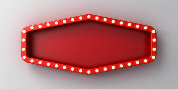 istock Red retro billboard lightbox or blank shining signboard with yellow glowing neon light bulbs isolated on white wall background with shadow 3D rendering 1488628858
