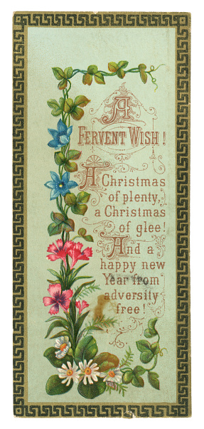 A slightly stained Victorian Christmas and New Year card from 1879 with flowers and a verse, “A Fervent Wish! A Christmas of plenty, a Christmas of glee! And a happy new Year from Adversity free!”  It was common for Victorian Christmas and New Year cards to carry unseasonal images.