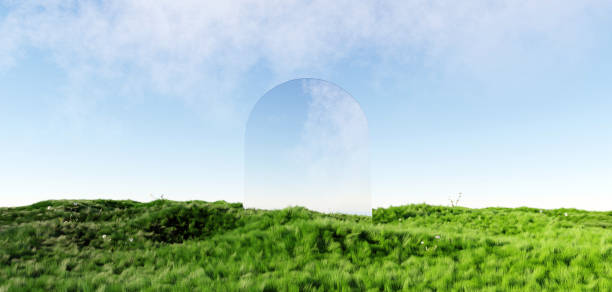 istock 3d render Surreal green shaggy surface Grassland mountain landscape background in minimal concept, abstract fantastic dune, panoramic, futuristic beauty meadow.copy space, blue sky and cloudy 1488629500