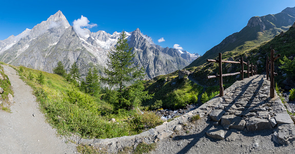 The Grand Jorasses massif from Val Ferret valley in Italy - Trekking Mont Blank.