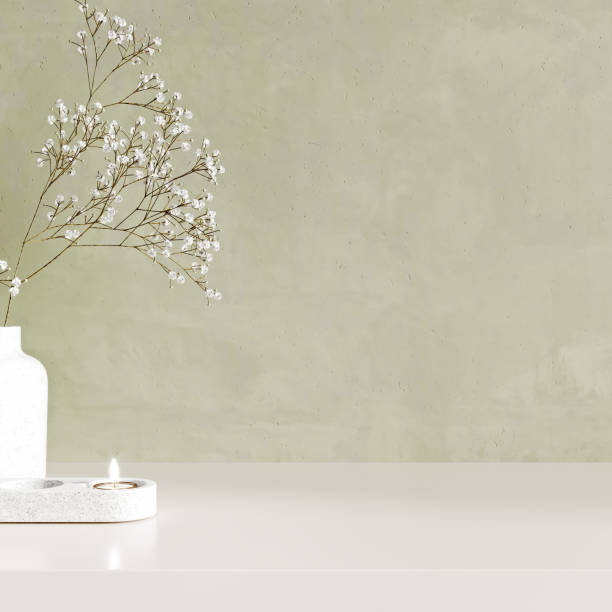 istock Minimal empty stone counter table top, plant and candle, on green stucco cement wall for luxury organic cosmetic, skincare, beauty treatment product background, 3d rendering 1488630519