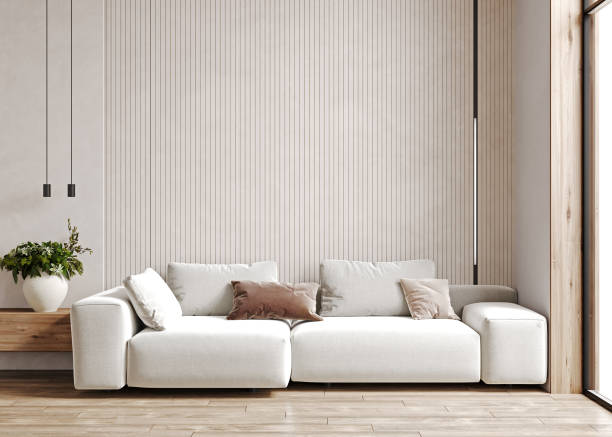 istock Cozy living room interior with couch, paneled wall and sideboard, Mockup wall, 3d rendering 1488630528