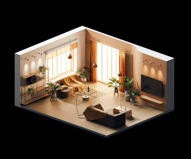 istock Isometric view living room muji style open inside interior architecture 3d rendering digital art 1488630530