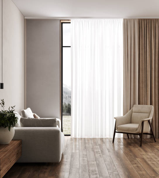 istock Beige living room interior with sofa, panoramic window and armchair 1488630536