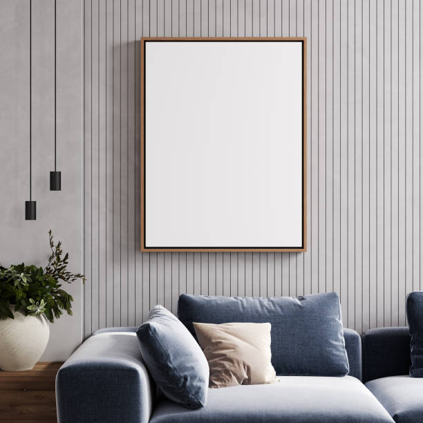 istock Poster frame mockup in modern living room with blue couch, 3d rendering 1488630537