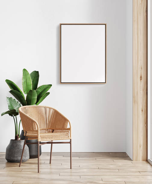 istock Mock up poster frame in boho interior background with white wall, armchair and plant, 3D render illustration 1488630564