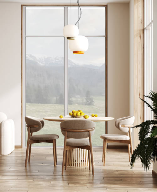 istock Beige contemporary minimalist interior with table, chair, panoramic window, and decor. 3d render illustration mockup. 1488630575