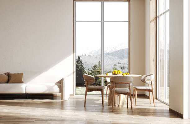 istock Beige interior with white sofa, chairs, table and panoramic window. 3d render illustration mock up. 1488630583