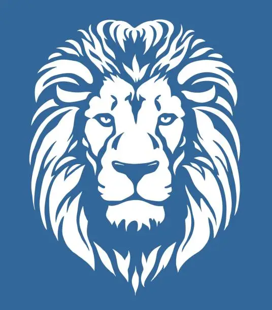 Vector illustration of Lion head for symbol or badge. Elegant minimalist style. Vector illustration isolated on blue. Stylized face of a lion.