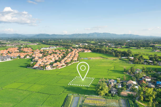 istock Land plot and identify registration symbol in aerial view. 1488630885