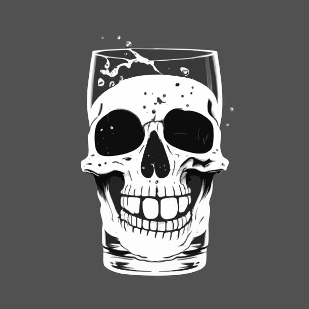 グレイのベクターイラスト。アルコールのグラスの中の人間の頭蓋骨。概念:アルコール依存症、死、中毒、自殺。 - whisky alcohol bottle hard liquor点のイラスト素材／クリップアート素材／マンガ素材／アイコン素材