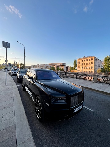 Moscow, Russia - May 08, 2023: Rolls Royce parked in city center