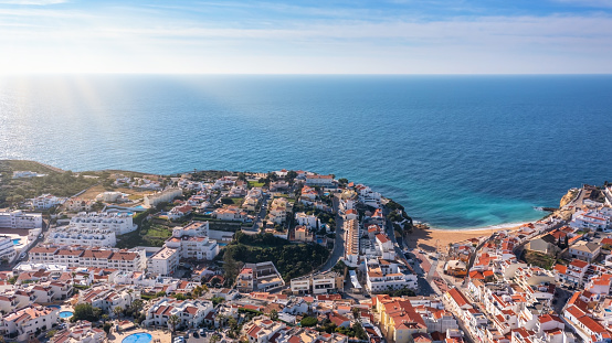 Aerial view of portuguese tourist village Carvoeiro Portugal Algarve in summer on a sunny day. High quality photo