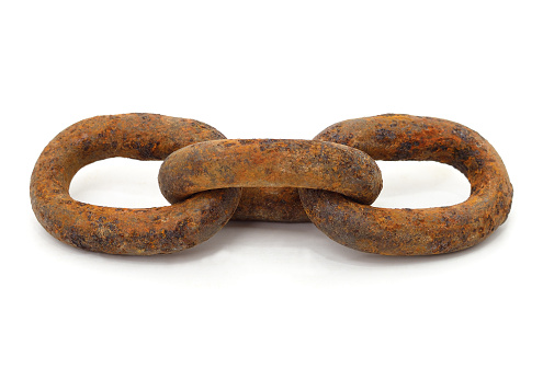 Torn rusty chain isolated on a white background.