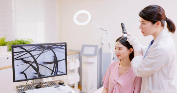 doctor exam scalp with microscope asian professional female dermatologist examines head skin of woman with analyzer microscope and showing on screen while they discussing in clinic doctor head stock pictures, royalty-free photos & images