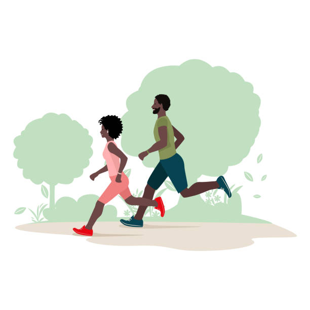 man and woman running in the park A man and a woman are running in the park. Sports and recreation. Flat vector illustration. two men hunting stock illustrations