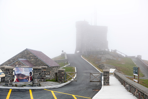 Historic Cabot Tower in fog, St. John's, Canada.