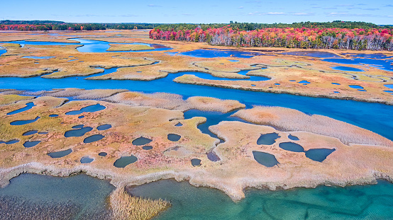 Image of Aerial over stunning marshes of Maine with fall forests and patches of water