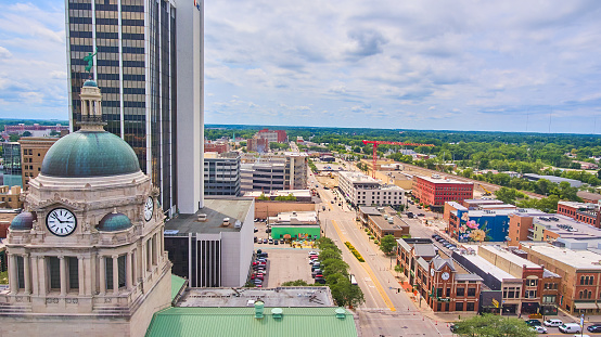 Image of Aerial view of Fort Wayne downtown streets by top of courthouse in Indiana