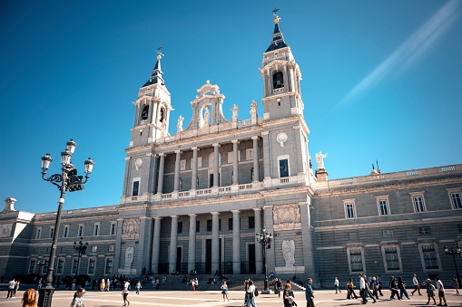 View of the Almudena Cathedral, a catholic church in Madrid, Spain